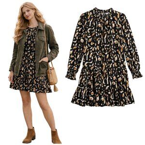 Nine West Long-Sleeve Tiered Babydoll Mini Dress Geo Animal Boho‎ Chic Sz XL NEW